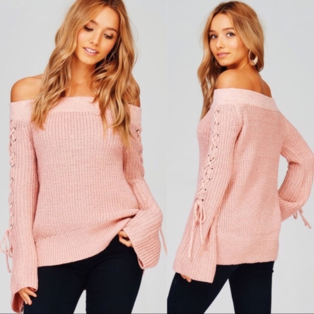 Ribbed Off Shoulder Lace Up Sleeve Sweater - Picture 3 of 3